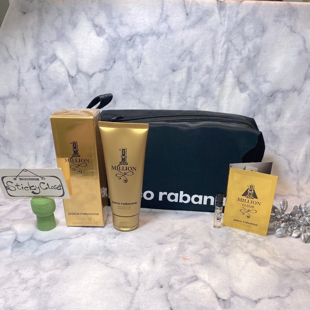 Paco Rabanne 1 Million Gift Set-Black Pouch,Shower Gel 100ml&Elixir1.5ml-3pc-NEW
